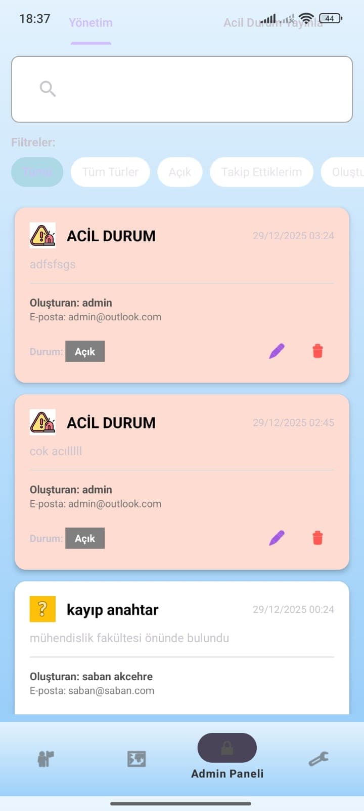 Kampüs Güvende admin paneli
