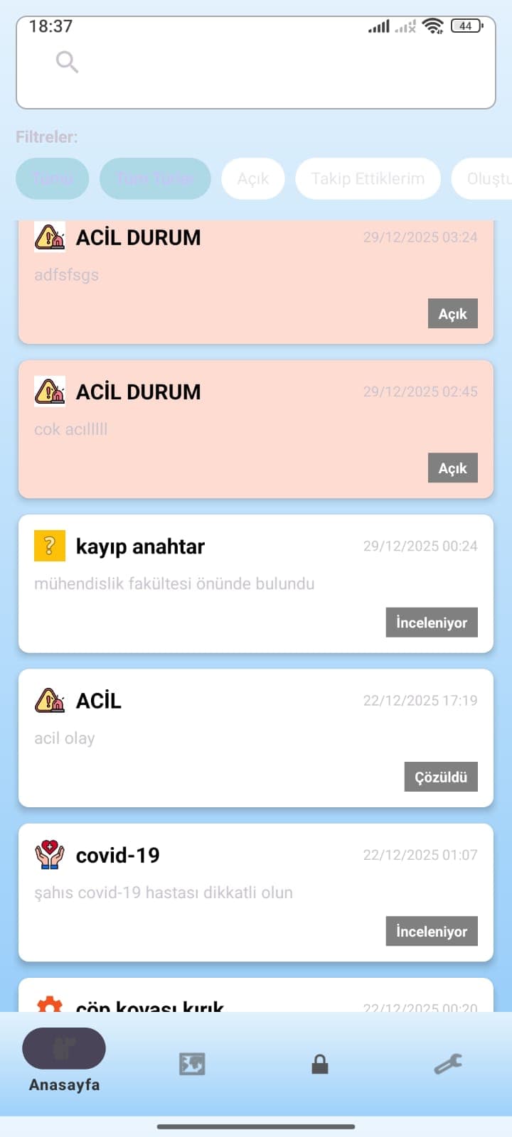 Kampüs Güvende ana ekran